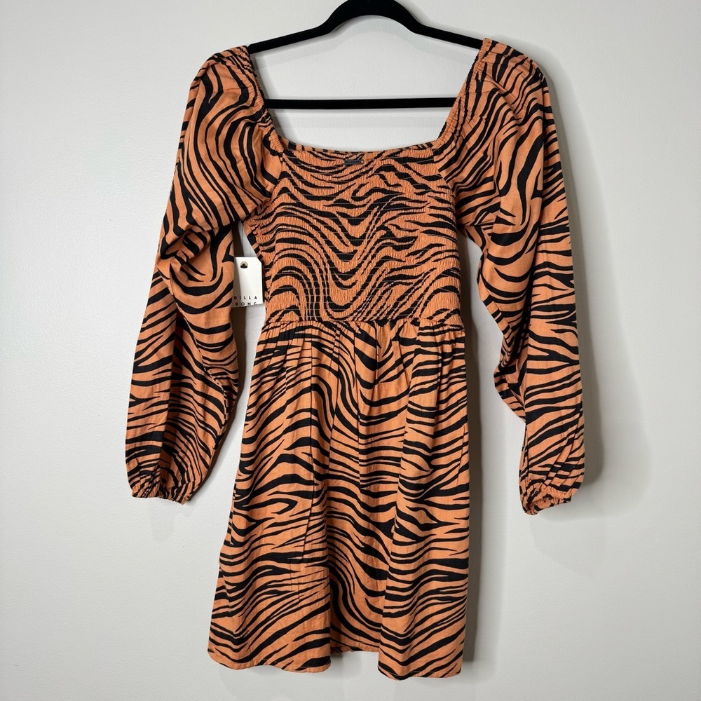 NWT Billabong Tiger Animal Print Square Neck Puff Long Sleeve Smocked Mink Dress - Picture 9 of 9